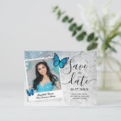 Carte Postale Faire-part Bleu papillon Quinceanera Photo Enregistrer la dat (Debout devant)