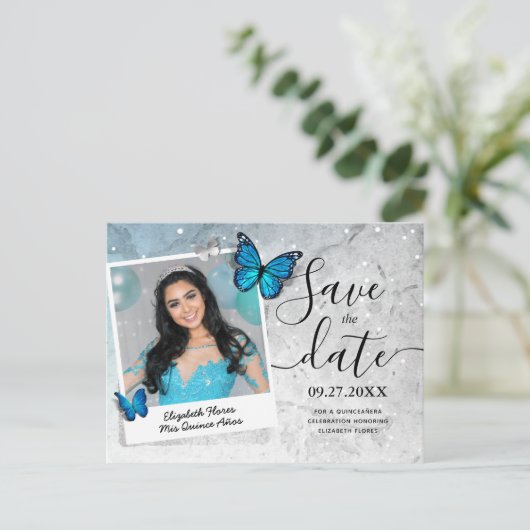 Carte Postale Faire-part Bleu papillon Quinceanera Photo Enregistrer la dat (Debout devant)