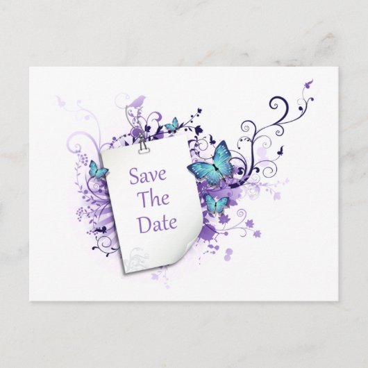 Carte Postale Faire-part Bleu Papillons Purple Fils Enregistrer La Date (Devant)