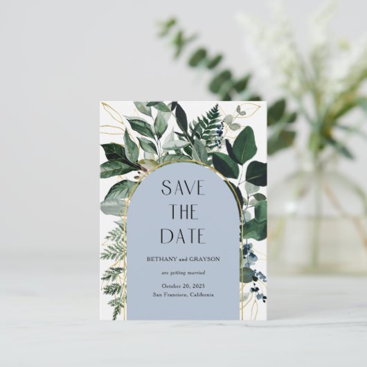 Carte Postale Faire-part Bleu poussiéreux, code QR moderne botanique enregi (Debout devant)