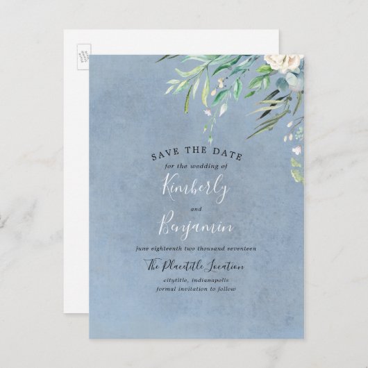 Carte Postale Faire-part Bleu Poussiéreux et Greenery Enregistrer la Date (Devant / Derrière)