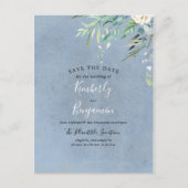 Carte Postale Faire-part Bleu Poussiéreux et Greenery Enregistrer la Date (Devant)