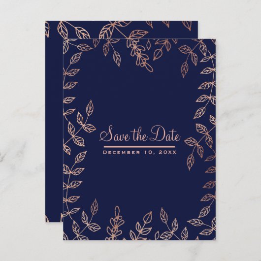 Carte Postale Faire-part Bleu & Rose Gold Glam Botanique Enregistrer la dat (Devant / Derrière)