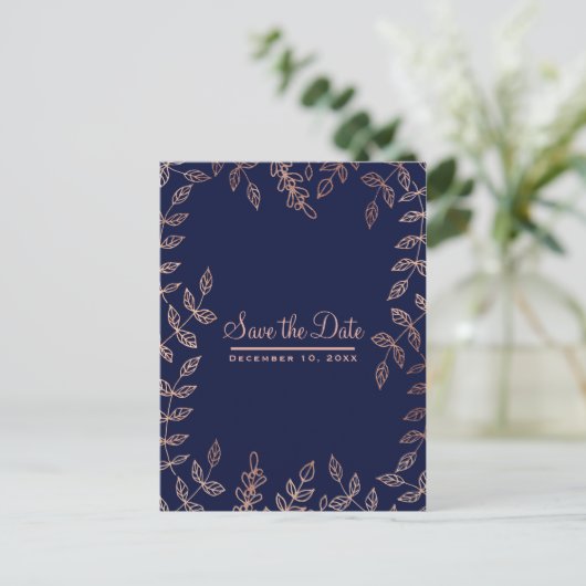 Carte Postale Faire-part Bleu & Rose Gold Glam Botanique Enregistrer la dat (Debout devant)