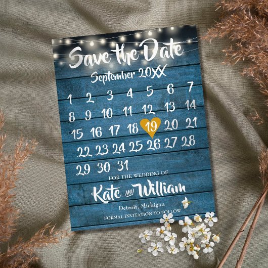 Carte Postale Faire-part Bleu Rustique Wood Gold Heart Calendrier Enregistr