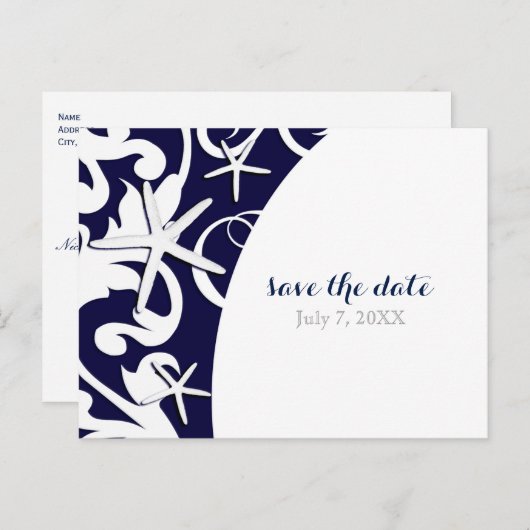 Carte Postale Faire-part Bleu Starfish Bleu Beach Mariage Sauvez La Date (Devant / Derrière)