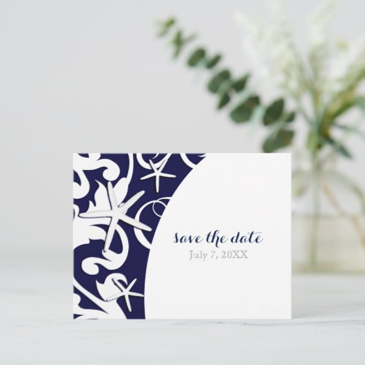 Carte Postale Faire-part Bleu Starfish Bleu Beach Mariage Sauvez La Date (Debout devant)
