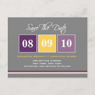 Carte Postale Faire-part Blocs Date Enregistrer La Date - Violet/Jaune