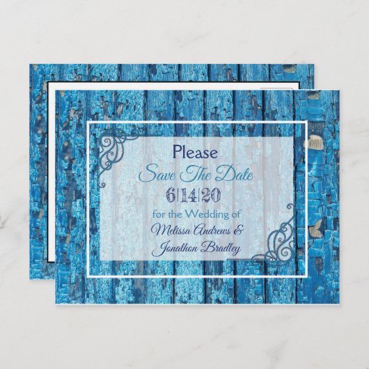 Carte Postale Faire-part Blue Antique Mariage Patiné en bois Enregistrer la (Devant / Derrière)