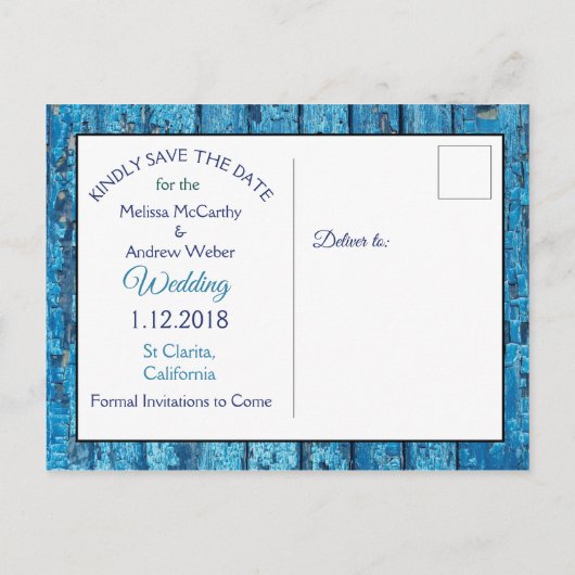 Carte Postale Faire-part Blue Antique Mariage Patiné en bois Enregistrer la (Dos)