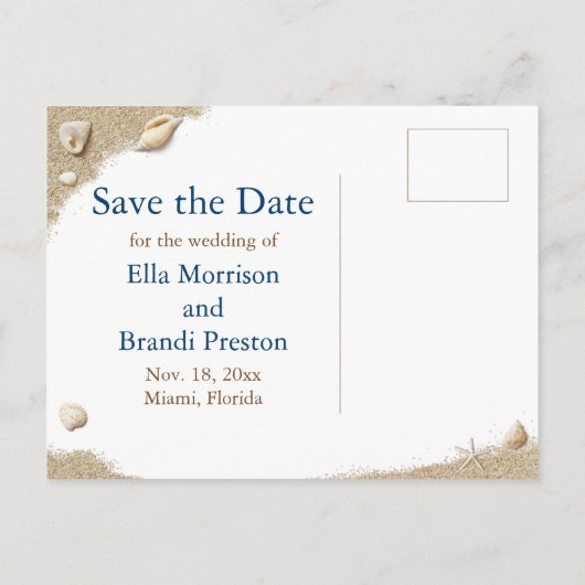 Carte Postale Faire-part Blue Beach Waves Mme & Mme Enregistrer la date (Dos)