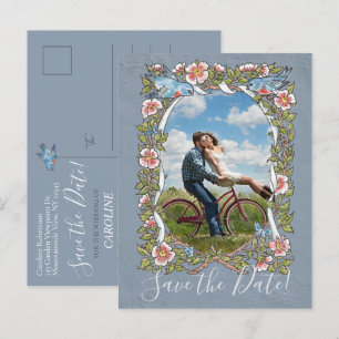 Carte Postale Faire-part Blue Floral Photo Bird Country Rustic Date de sauv