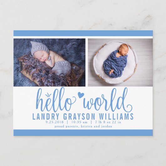 Carte Postale Faire-part Blue Hello World Photo Birth Stat (Devant)