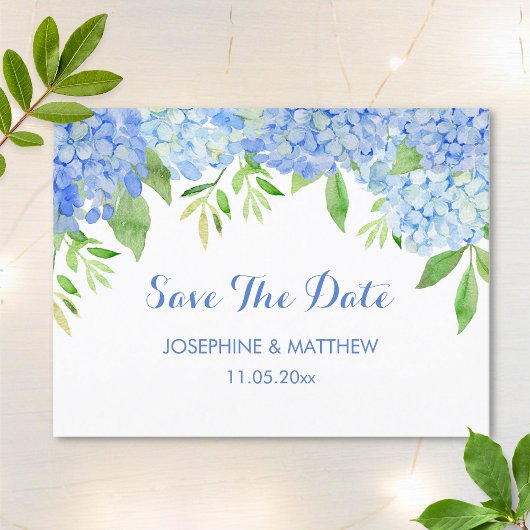 Carte Postale Faire-part Blue Hydrangea Floral Green Enregistrer la date