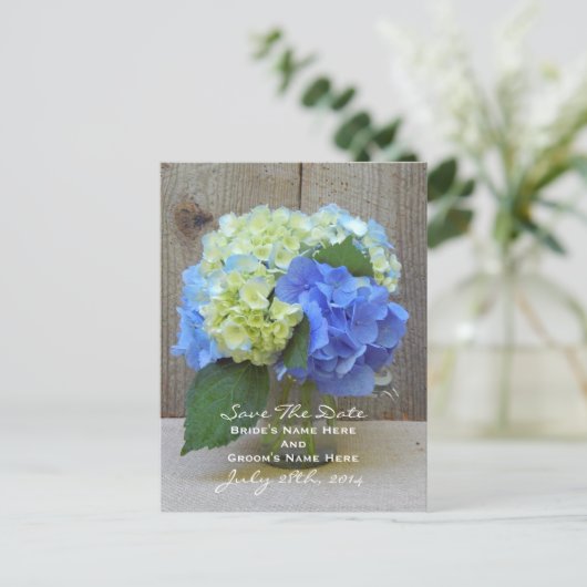 Carte Postale Faire-part Blue Hydrangeas Mason Jar Enregistrer La Date Cart (Debout devant)