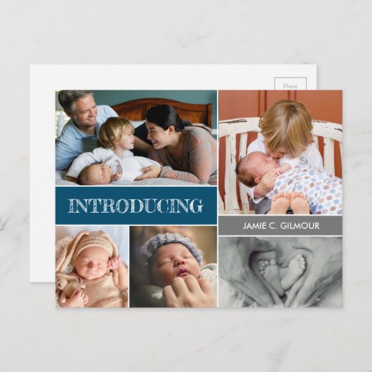 Carte Postale Faire-part Blue Introzing Custom 2nd baby boy photo collage (Devant / Derrière)