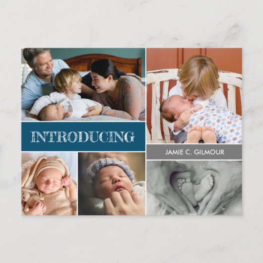 Carte Postale Faire-part Blue Introzing Custom 2nd baby boy photo collage (Devant)