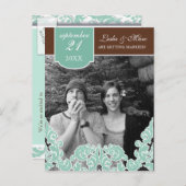 Carte Postale Faire-part Blue Leaf Swirl Damask 2 Enregistrer la date (Devant / Derrière)