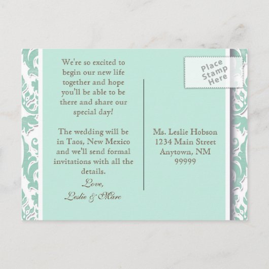 Carte Postale Faire-part Blue Leaf Swirl Damask 2 Enregistrer la date (Dos)