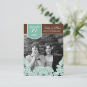 Carte Postale Faire-part Blue Leaf Swirl Damask 2 Enregistrer la date (Debout devant)