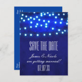 Carte Postale Faire-part Blue Rustic Night String Lights Enregistrer la dat (Devant / Derrière)