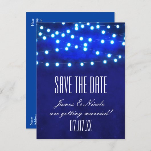Carte Postale Faire-part Blue Rustic Night String Lights Enregistrer la dat (Devant / Derrière)
