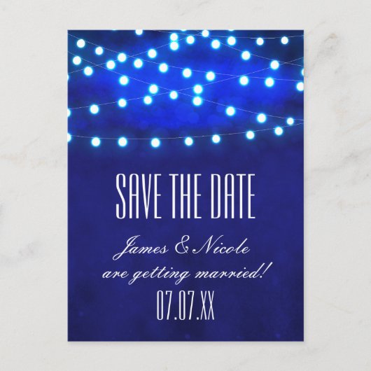 Carte Postale Faire-part Blue Rustic Night String Lights Enregistrer la dat (Devant)