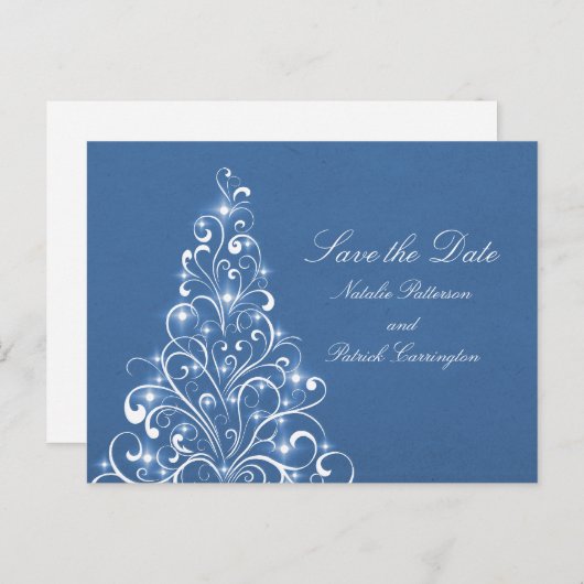 Carte Postale Faire-part Blue Sparkly Holiday Tree Enregistrer la date Cart (Devant / Derrière)