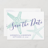 Carte Postale Faire-part Blue Starfish Beach Wedding Enregistrer la date Ca (Devant / Derrière)