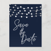 Carte Postale Faire-part Blue String Lights Script moderne Enregistrer la d (Devant)