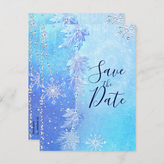 Carte Postale Faire-part Blue Winter Feuilles & Snowflakes Enregistrer la d (Devant / Derrière)