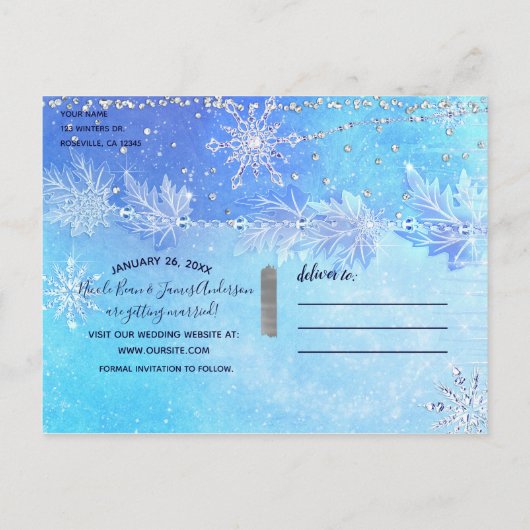 Carte Postale Faire-part Blue Winter Feuilles & Snowflakes Enregistrer la d (Dos)