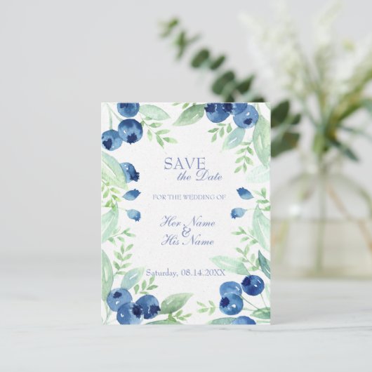 Carte Postale Faire-part Blueberry Midsummer Mariage rustique SAUVER la dat (Debout devant)
