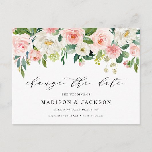Carte Postale Faire-part Blush Floral Change La Date Mariage Postponton (Devant)