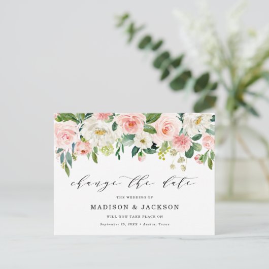 Carte Postale Faire-part Blush Floral Change La Date Mariage Postponton (Debout devant)