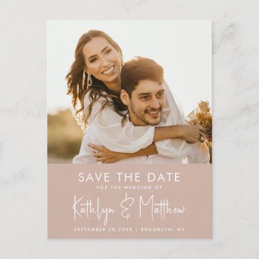 Carte Postale Faire-part Blush Pink Fun Script Moderne Mariage Photo Enregi (Devant)