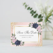 Carte Postale Faire-part Blush Pink Gold Navy Blue Floral Mariage (Debout devant)