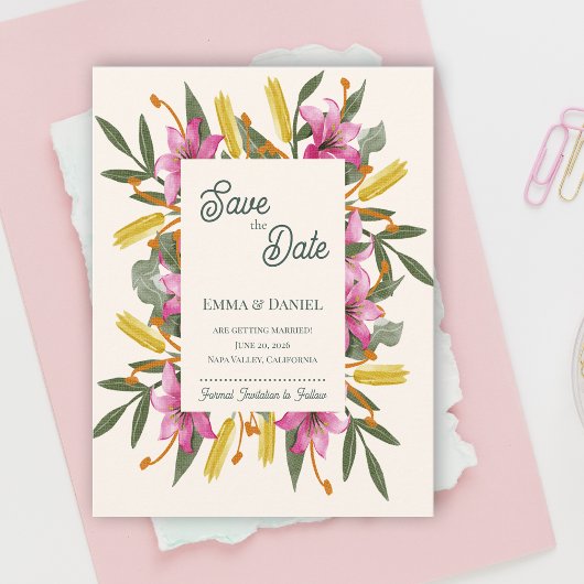 Carte Postale Faire-part Blush Pink Lily Botanical Romantic Wedding