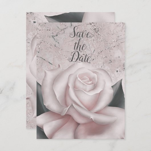 Carte Postale Faire-part Blush White Rose Glam Moderne Marbre Enregistrer l (Devant / Derrière)