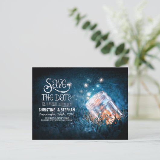 Carte Postale Faire-part bocal à fireflies rustique romantique save the dat (Debout devant)
