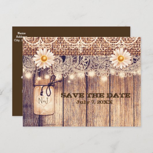 Carte Postale Faire-part Bocal en verre rustique illuminé & marguerites Sav (Devant / Derrière)