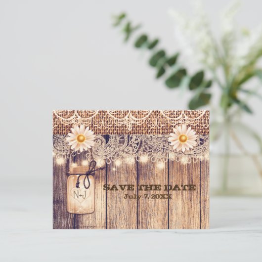 Carte Postale Faire-part Bocal en verre rustique illuminé & marguerites Sav (Debout devant)