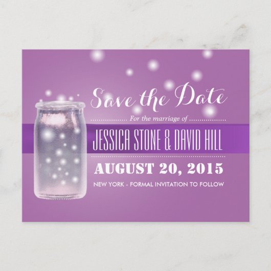 Carte Postale Faire-part Bocal Mason & Lucioles Enregistrer la Date Violet (Devant)