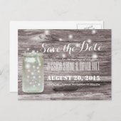 Carte Postale Faire-part Bocal Mason Stylé avec Lucioles en Bois Save the D (Devant / Derrière)