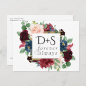 Carte Postale Faire-part Boho Bloom | Bourgogne Navy Monogramme Enregistrer (Devant / Derrière)