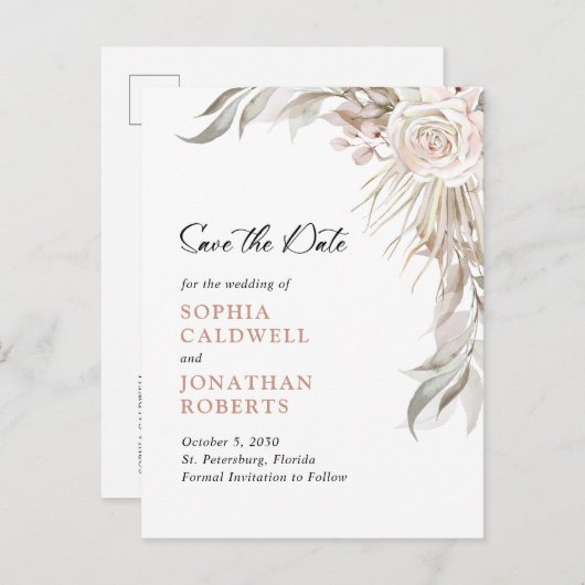 Carte Postale Faire-part Boho Blush Rose Elegant Foliage Enregistrer la dat (Devant / Derrière)