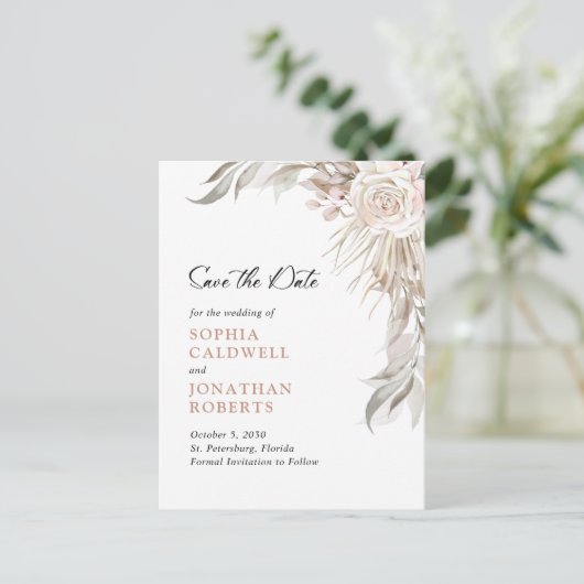 Carte Postale Faire-part Boho Blush Rose Elegant Foliage Enregistrer la dat (Debout devant)