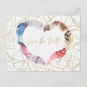 Carte Postale Faire-part Boho Chic Feather Heart Enregistrer la date Modern