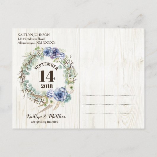 Carte Postale Faire-part Boho Chic Succulente Eucalyptus Enregistrer la Dat (Dos)