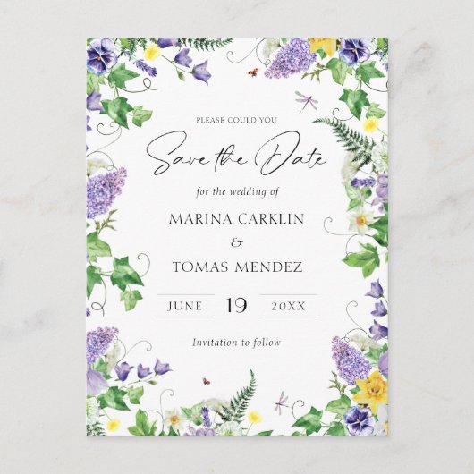 Carte Postale Faire-part Boho Fleurs sauvages Enregistrer la date (Devant)